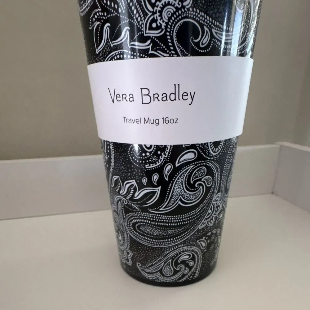 Vera Bradley Travel Mug Black/White Stellar Paisley 16 oz BPA-Free NEW